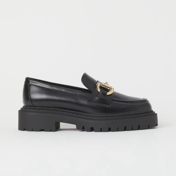 H&M Chunky Black Vegan Leather Loafer Gold Horse Bit Detail EU 38M US 7.5 NWOT - Picture 2 of 4